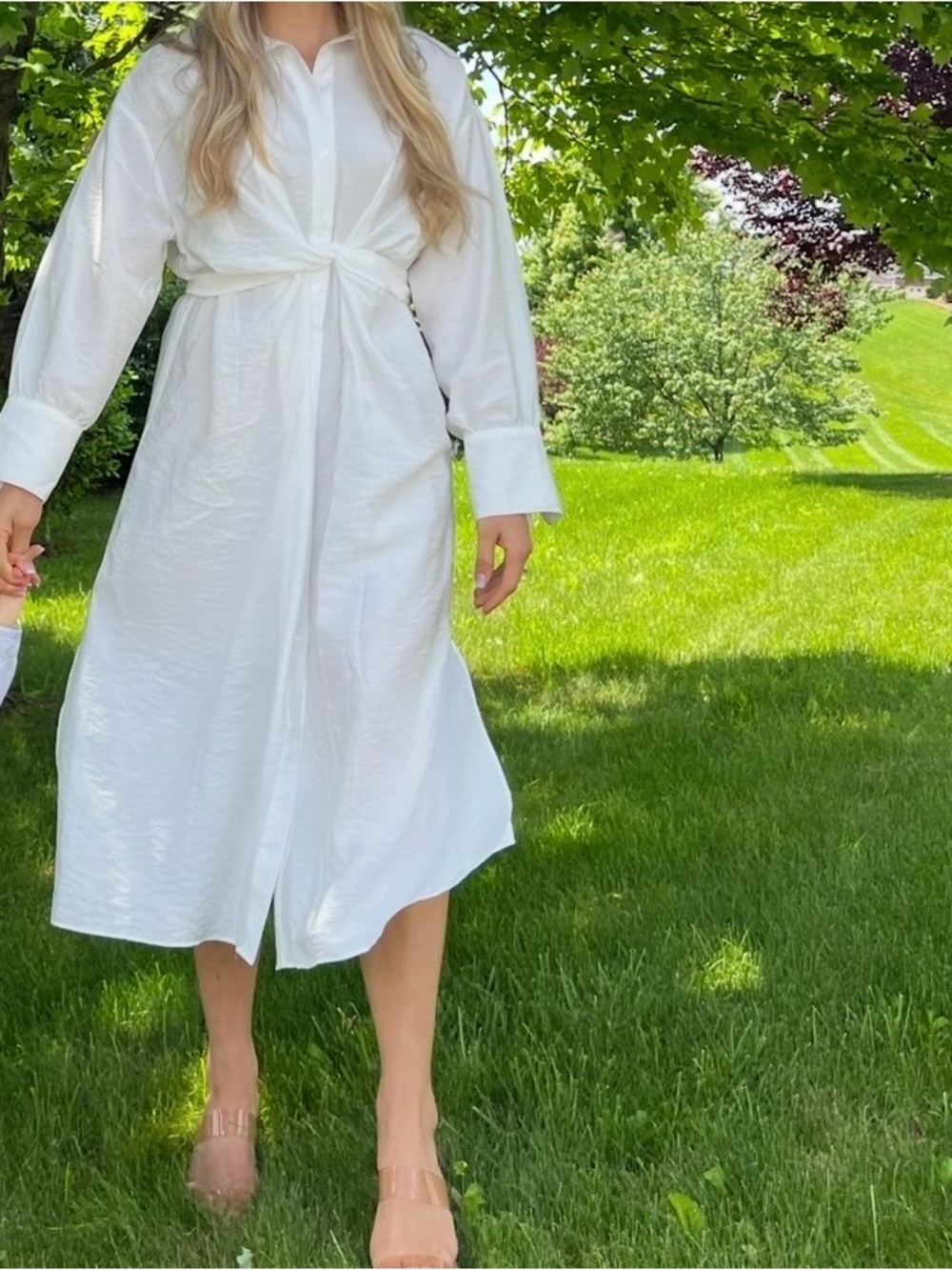 H&M White Knot-Front Midi Shirt Dress